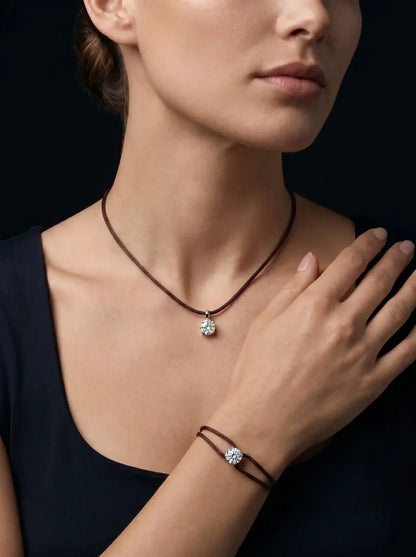 Satin Cord Necklace in brown, model view