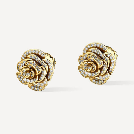 D’NOUR Rose Thank You Full Diamond Mini Earrings in Yellow Gold on white background