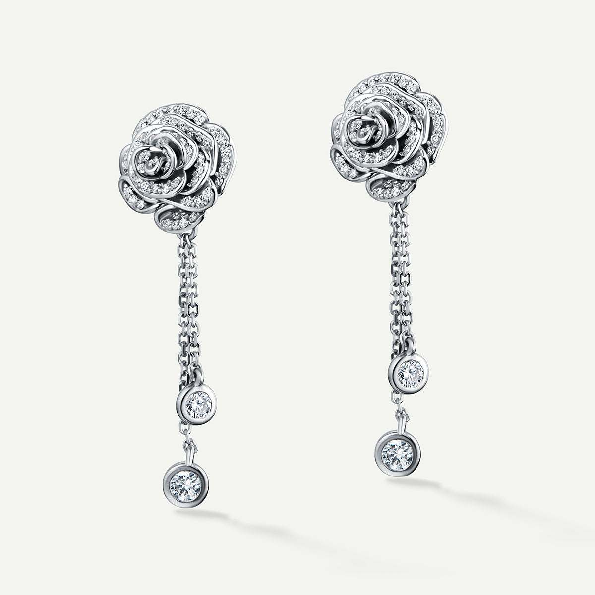 D’NOUR Rose Thank You Dangling Diamond Earrings in White Gold