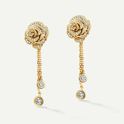 D’NOUR Rose Thank You Dangling Diamond Earrings in Yellow Gold