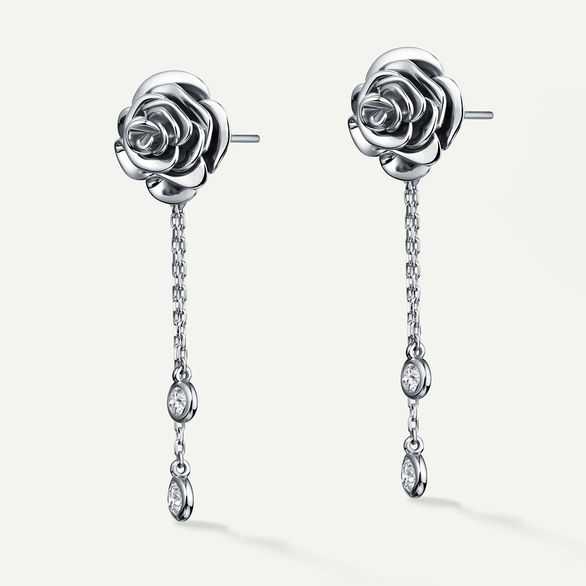D’NOUR Rose Thank You Dangling Mini Gold Earrings in White Gold