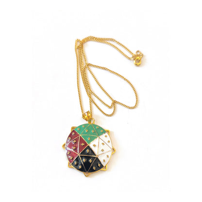 Necklace with a colorful geometric pendant on a white background