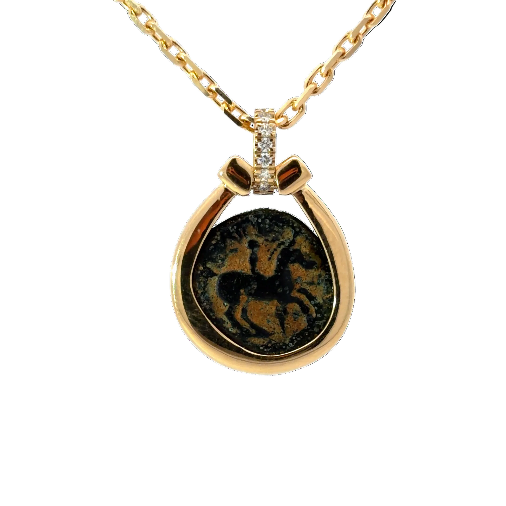Gold necklace with a pendant featuring a horse design on a white background