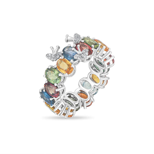 Multicolored gemstone ring with butterfly design on a white background