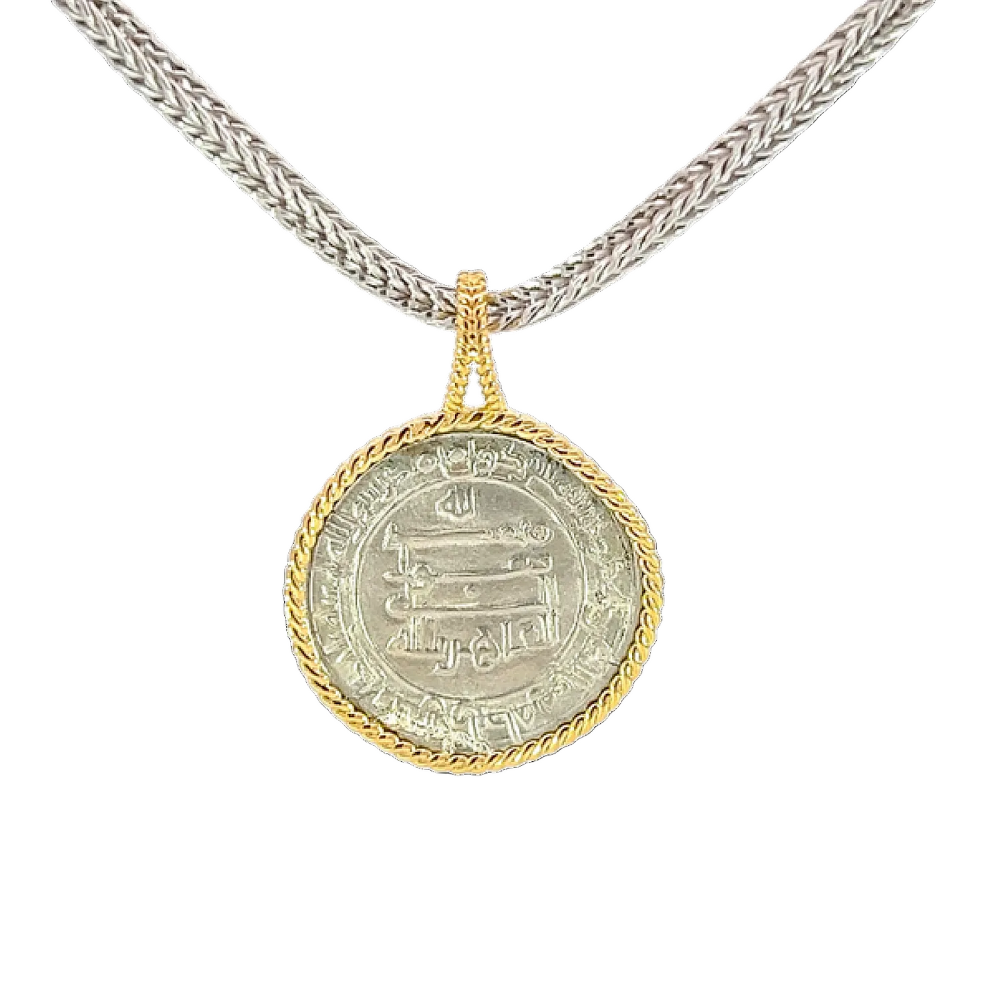 Necklace with a coin pendant on a white background