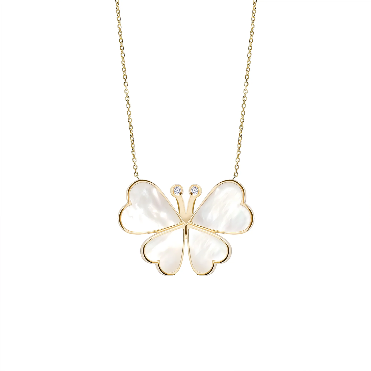 Butterfly-shaped pendant with gold outline and white center on a chain against a white background