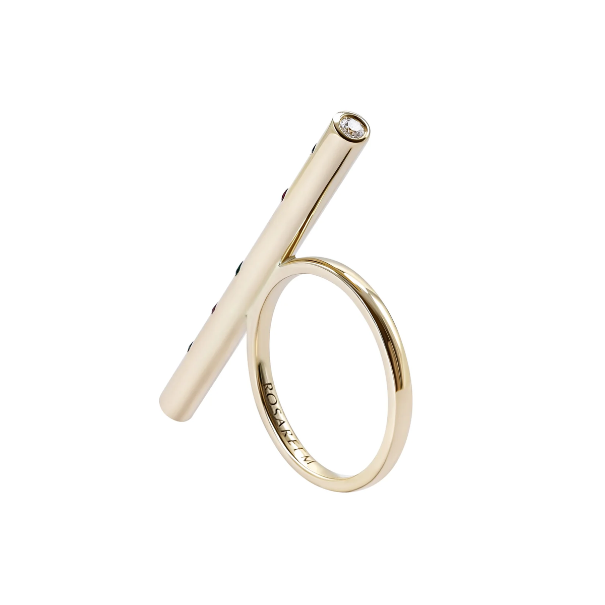 Gold ring with a cylindrical design on a white background