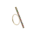 Gold ring with colorful gemstones on a white background