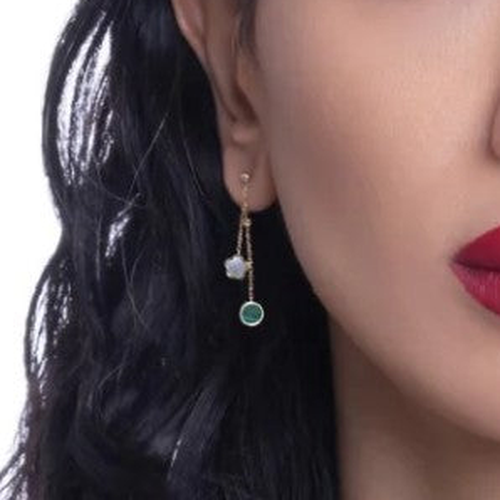 Close-up of a person wearing earrings with a white background