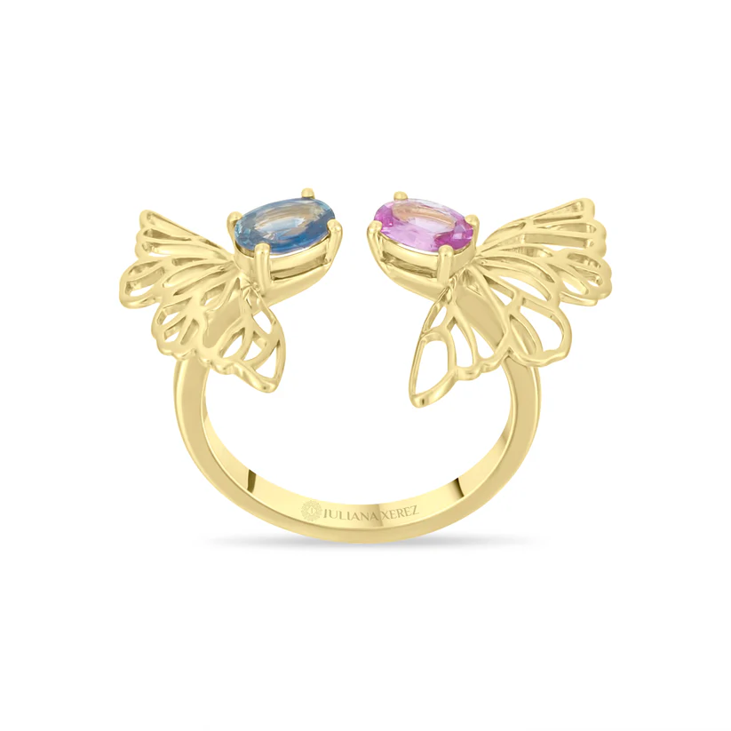 18K gold butterfly ring with multicolored sapphires on a white background