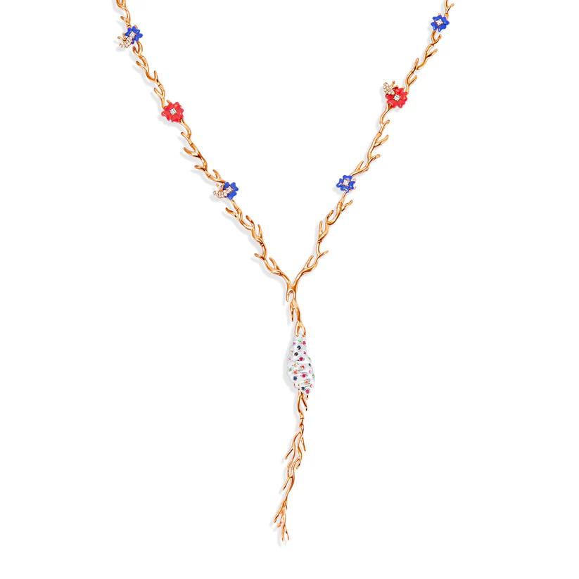 Gold necklace with colorful beads on a white background