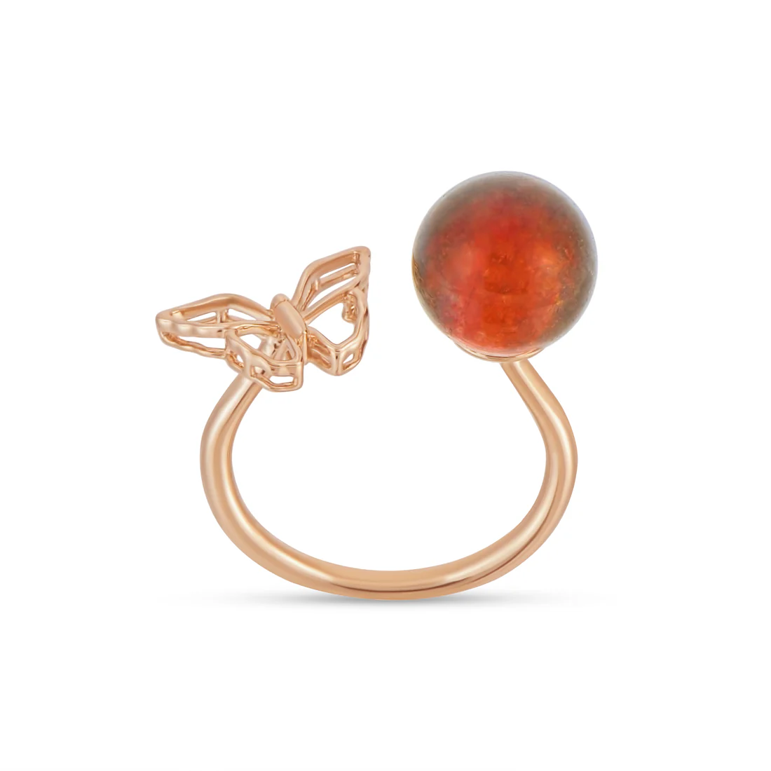Rose gold ring with a butterfly design and amber-colored sphere on a white background