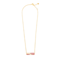 Gold necklace with a red and gold pendant on a white background