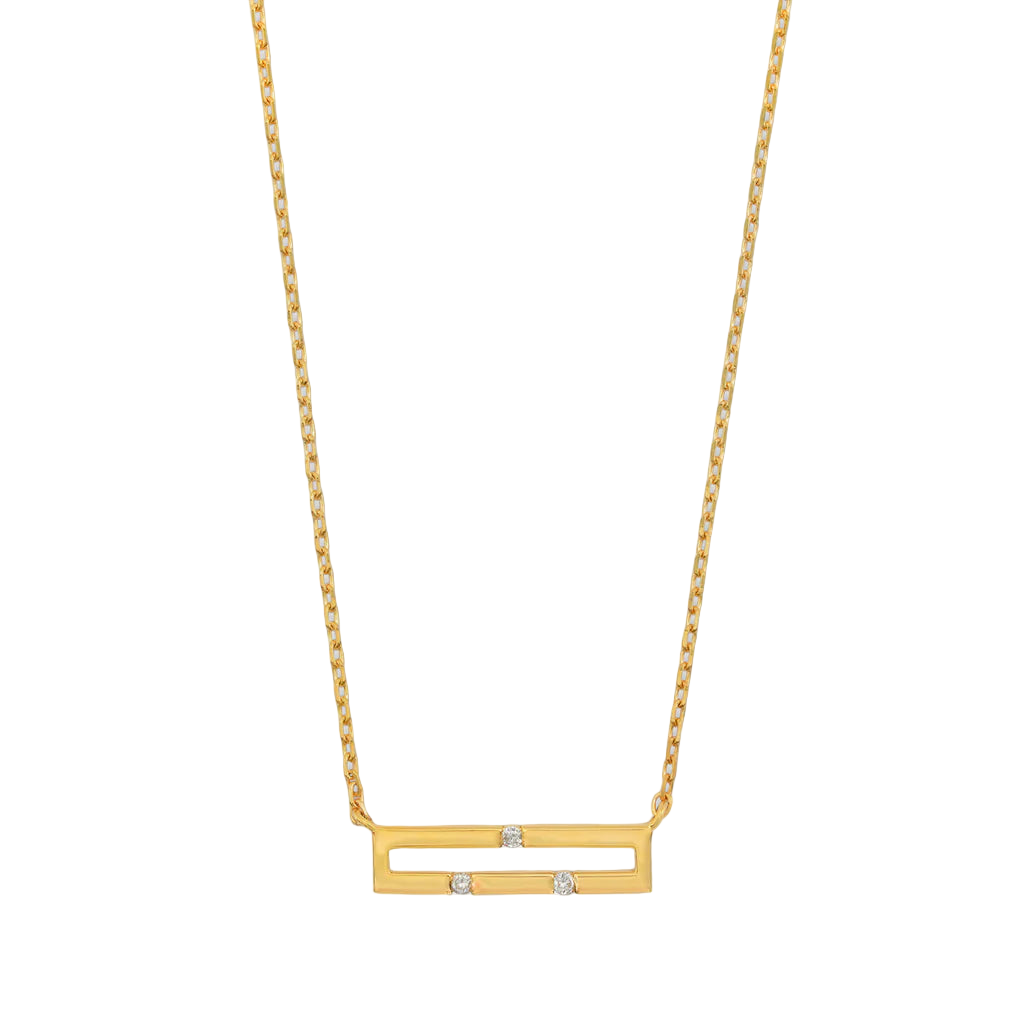 Gold necklace with a horizontal bar pendant on a white background