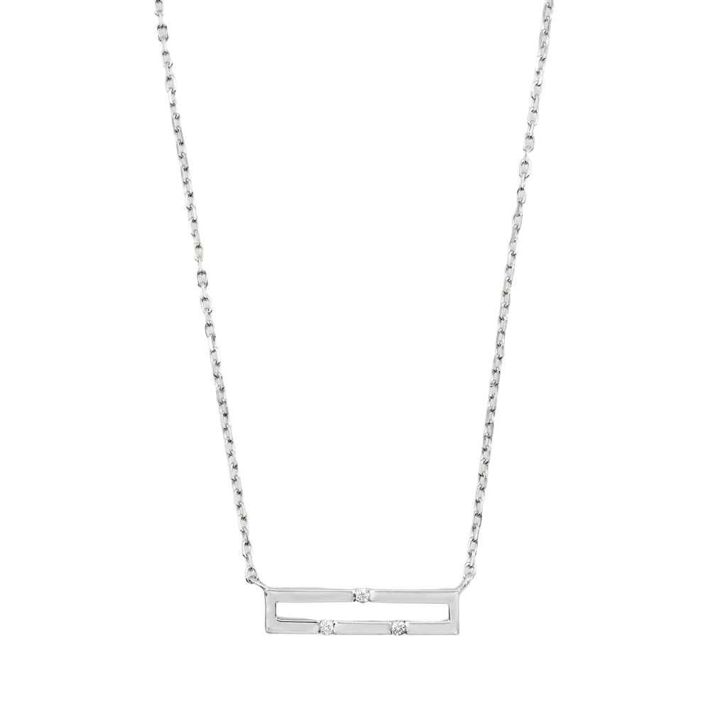 White gold necklace with a rectangular pendant on a white background
