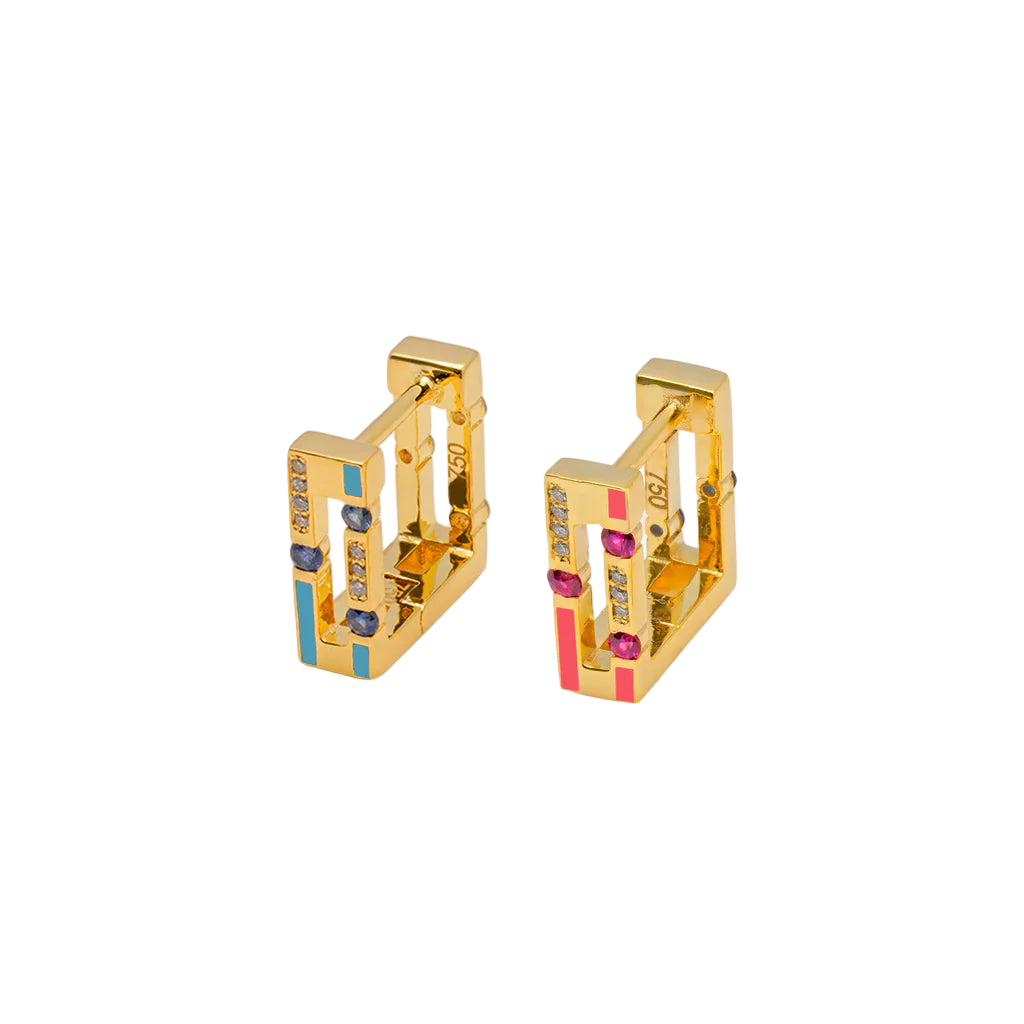 Gold hoop earrings with colorful gemstones on a white background