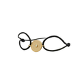 Black bracelet with a gold circular charm on a white background
