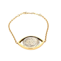 Gold bracelet with a coin design on a white background