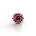 18k rose gold ring with rubellite, diamond halo, and burgundy enamel, additional view
