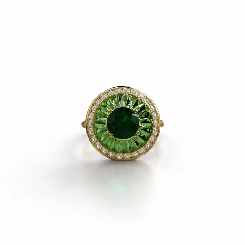 18k yellow gold ring with verdelite, diamond halo, and green enamel, additional view
