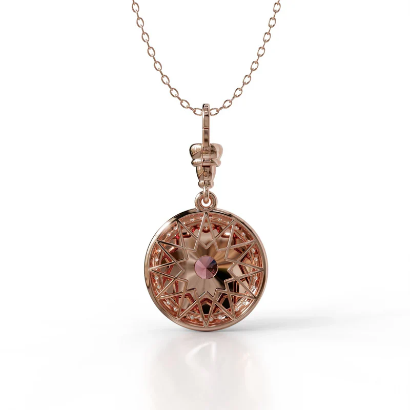 18k rose gold pendant with rubellite, diamond halo, and burgundy enamel, additional view