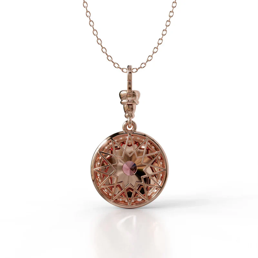 18k rose gold pendant with rubellite, diamond halo, and burgundy enamel, additional view