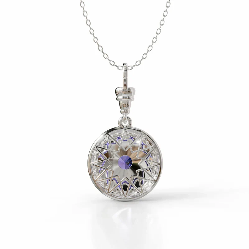 18k white gold pendant with tanzanite, diamond halo, and sky blue enamel, additional view