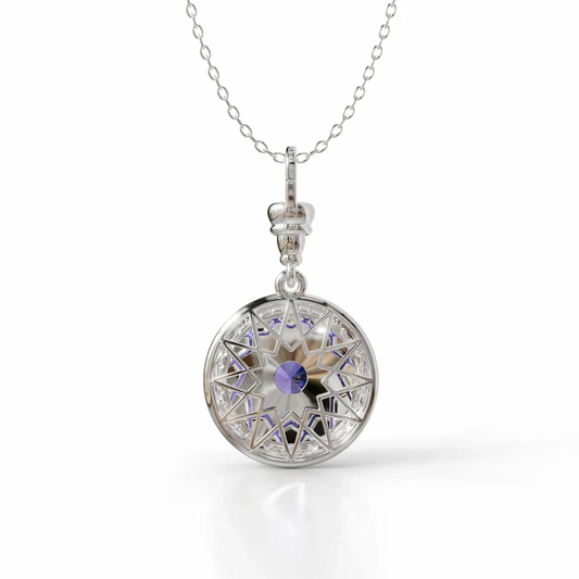 18k white gold pendant with tanzanite, diamond halo, and sky blue enamel, additional view