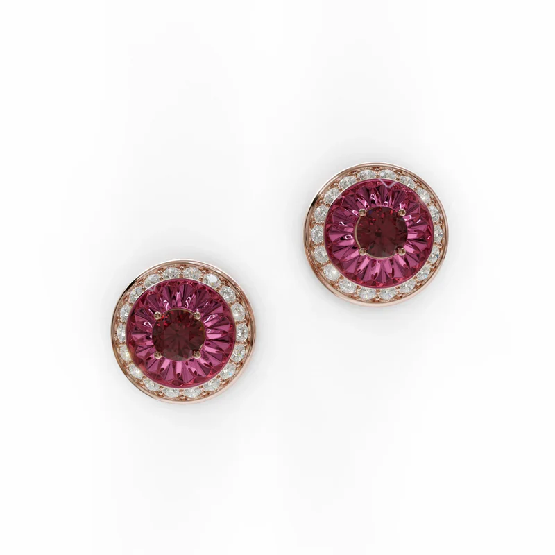 18k rose gold earrings with rubellite, diamond halo, and burgundy enamel, additional view