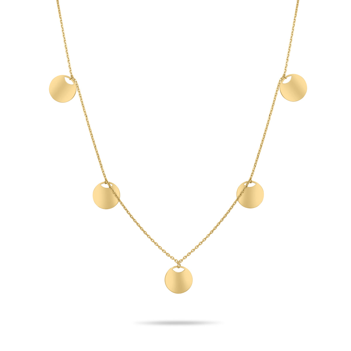 Gold necklace with round pendants on a white background
