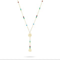 Gold necklace with colorful beads on a white background