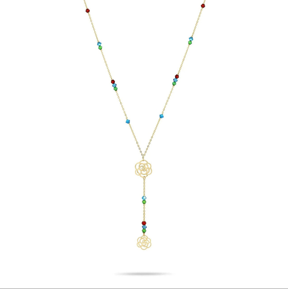 Gold necklace with colorful beads on a white background