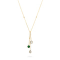 Gold necklace with green gemstone pendant on a white background