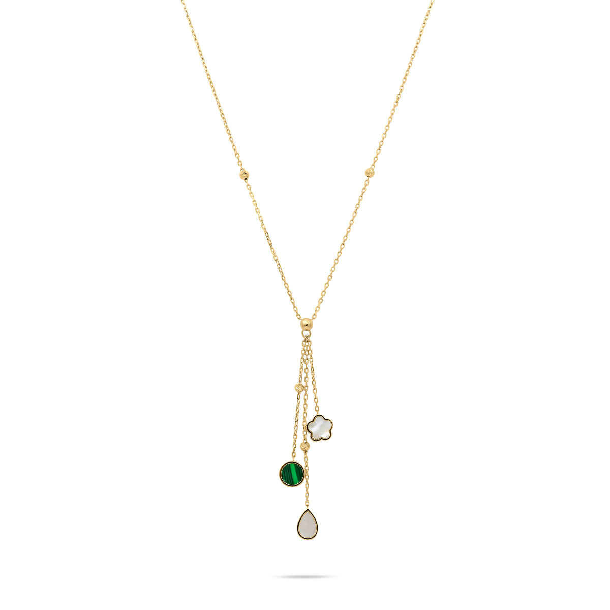 Gold necklace with green gemstone pendant on a white background