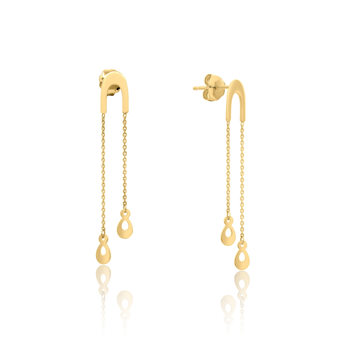 Gold earrings with chain and teardrop designs on a white background