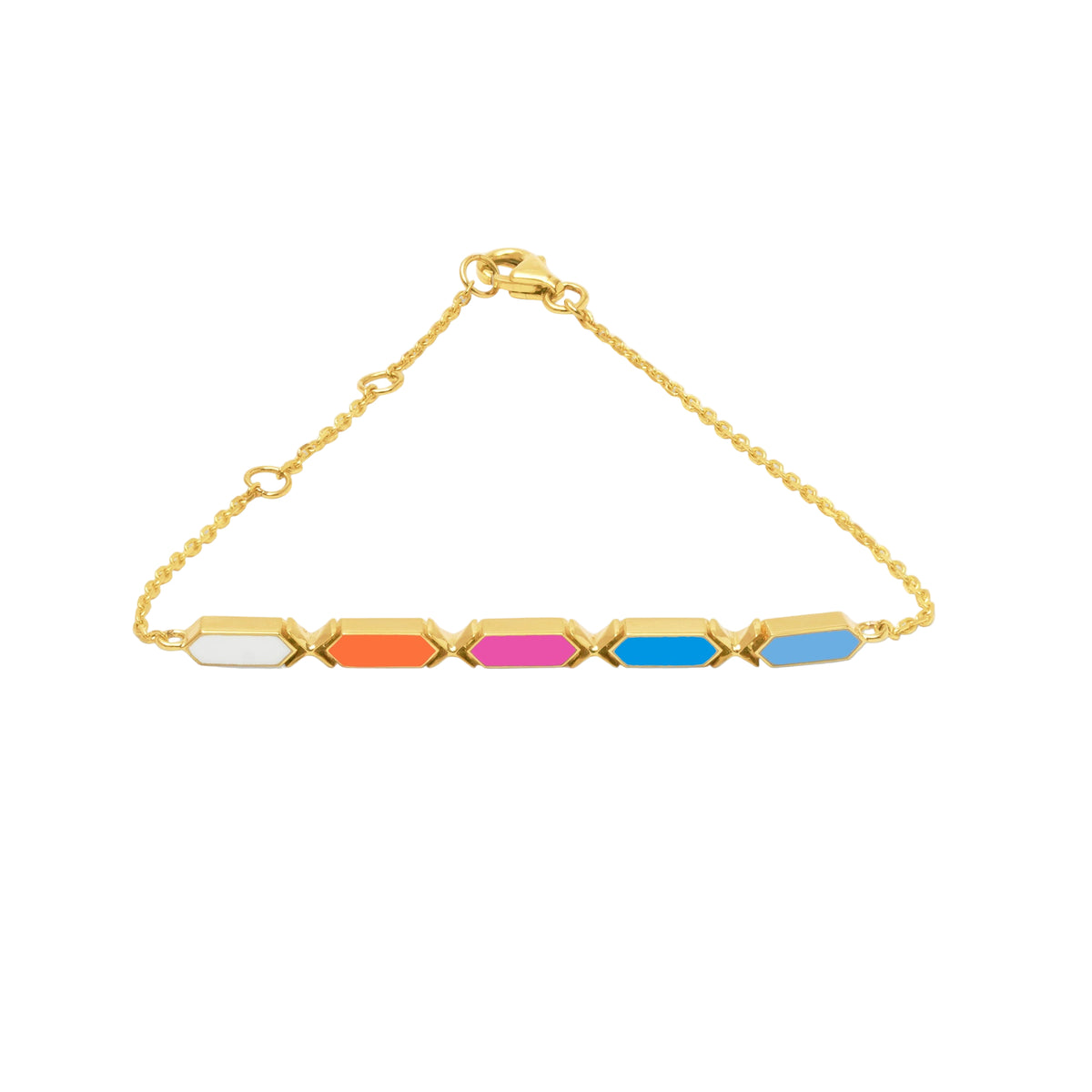 Gold bracelet with colorful hexagonal charms on a white background