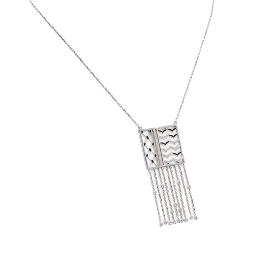 White gold necklace with a rectangular pendant on a white background