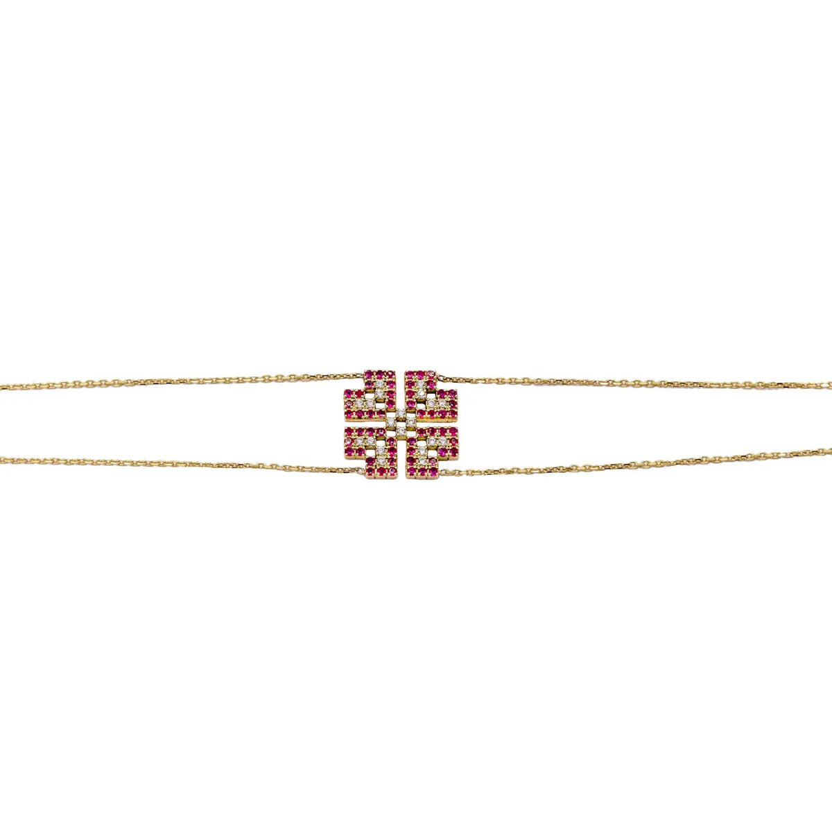 Gold necklace with a red and white square design on a white background