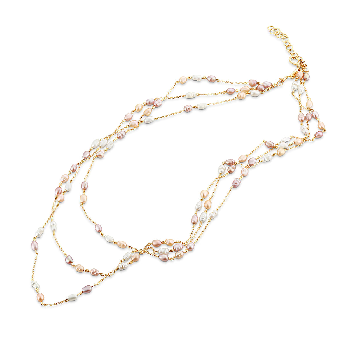Multi-layered pearl necklace with gold chain on a white background