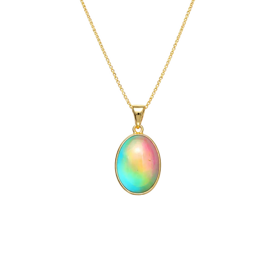 Gold necklace with a colorful pendant on a white background