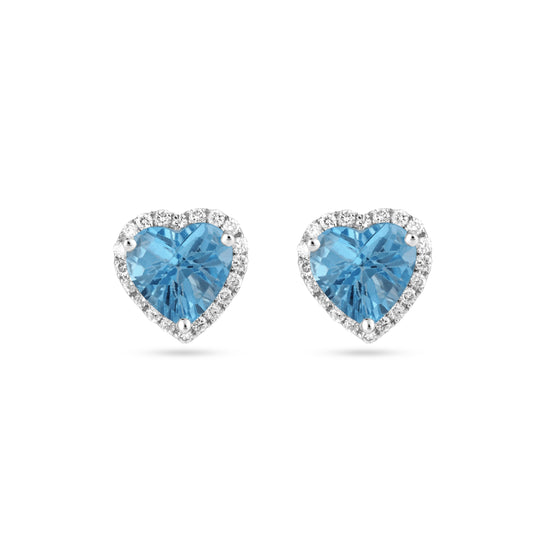 18k white gold heart-shaped stud earrings with blue topaz and diamond halo