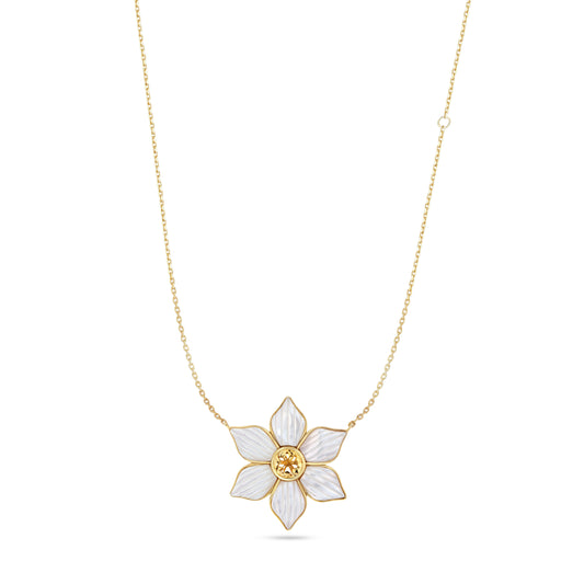 18k gold pendant necklace with carved mother of pearl petals and a citrine center