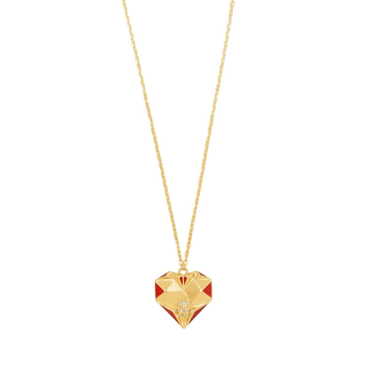 18k gold heart-shaped necklace with red enamel and diamonds