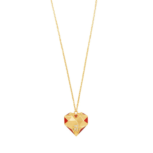 18k gold heart-shaped necklace with red enamel and diamonds