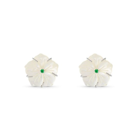18k white gold star flower stud earrings with mother of pearl and emeralds
