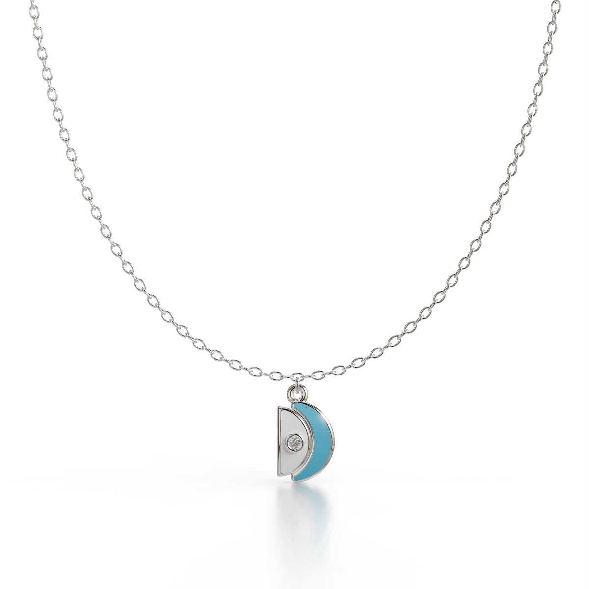 18k white gold pendant necklace with blue enamel and diamonds, dome-inspired design