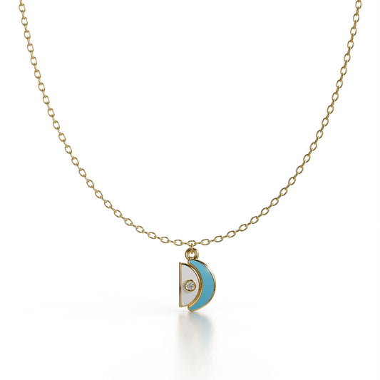18k yellow gold pendant necklace with blue enamel and diamonds, dome-inspired design