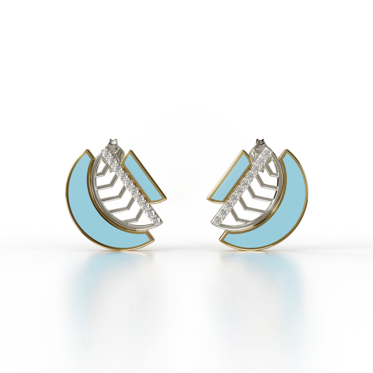 18k two-tone yellow and white gold earrings with blue enamel and pave diamonds