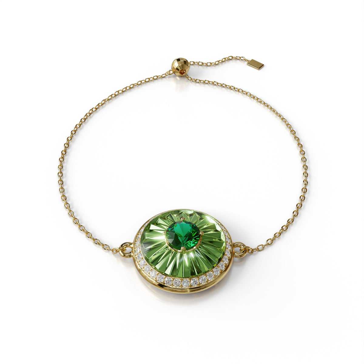 18k gold bracelet with verdelite, diamond halo, and green enamel