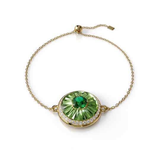 18k gold bracelet with verdelite, diamond halo, and green enamel